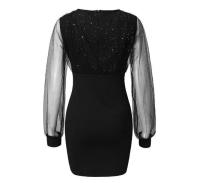 Vestido de lentejuelas con cuello en V de malla para mujer, Color sólido, ajustado, cintura alta, un paso - details 12
