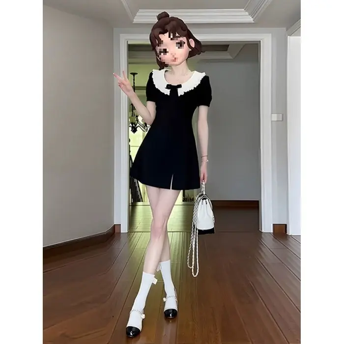 Verano 2025 nuevo diseño estilo Hepburn princesa negra temperamento francés muñeca cuello vestido adelgazante - 1