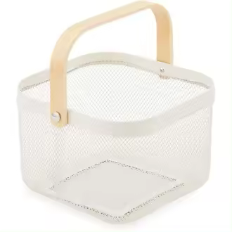 Cesta de almacenamiento decorativa de malla de alambre con mango de madera para cocina, baño - Blanco, 24 x 24 x 16 cm - 1
