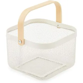 Cesta de almacenamiento decorativa de malla de alambre con mango de madera para cocina, baño - Blanco, 24 x 24 x 16 cm - 1