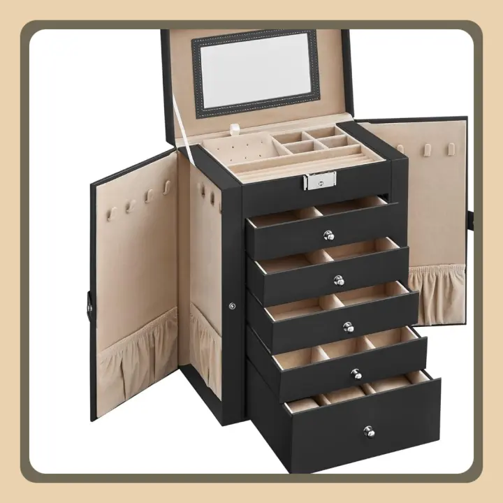 Caja Joyero de 6 Niveles, Caja para Joyas con 5 Cajones, Gran Espacio, Interior con Espejo, Cerradura, Almacenaje de Joyas, Regalo para Seres Queridos, para Relojes, Negro JBC152B01 - 1