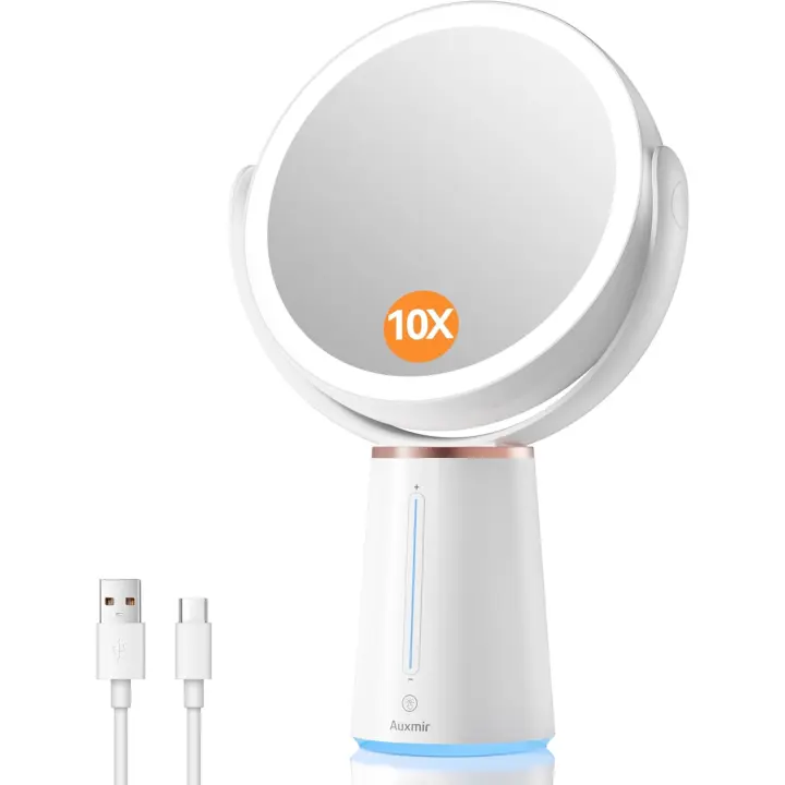 Auxmir Espejo de Maquillaje Luz LED, Ampliación 10X/1X Doble Cara 360 Giratorio, Recargable 2500 mAh con USB, 10 Ajustables - 1