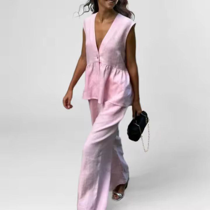 Conjunto de dos piezas de chaleco sin mangas con cuello en V de color sólido elegante y a la moda para mujer para el verano 2025 - 1