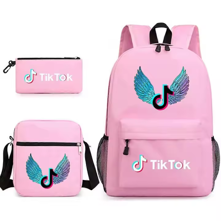 Tiktok Mochila escolar de tres piezas Mochila informal Mochila para estudiantes de gran capacidad para exteriores Bolso de lona informal Rosa ~ 1 - 1