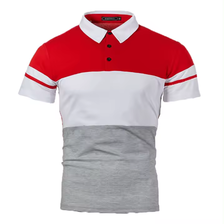 Polo de manga corta para hombre, diseño de cinturón tejido de retazos de dos colores, informal, a la moda - 1