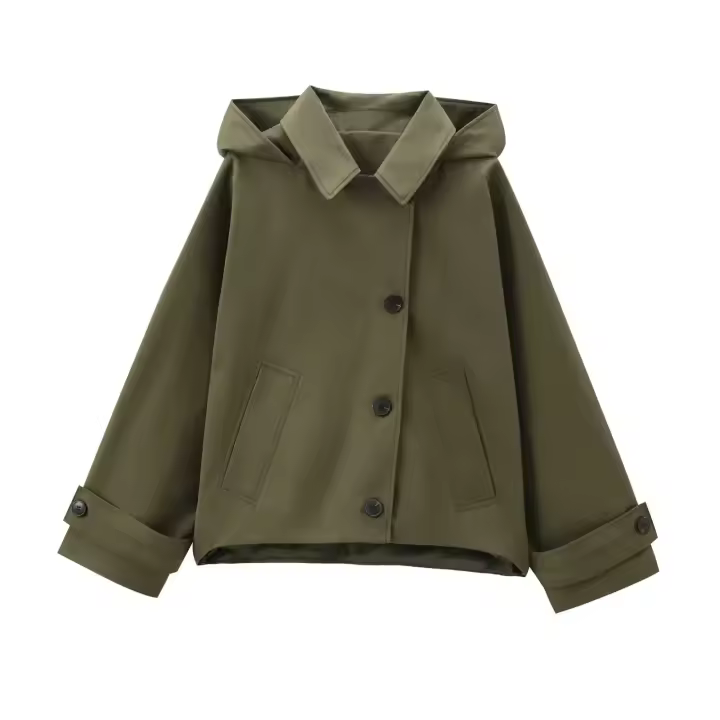 Chaqueta con capucha desmontable para mujer, otoño 2024, con mangas en G inclinadas y hebilla - 1