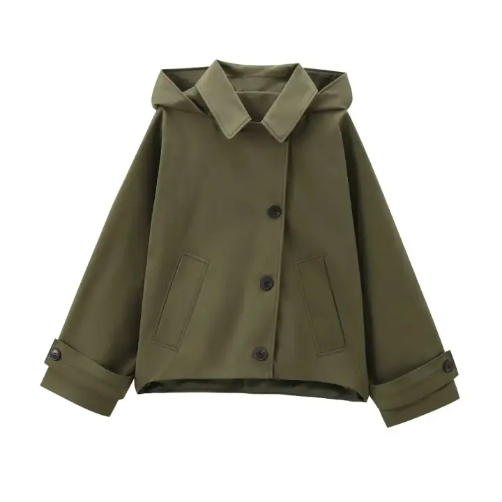 Chaqueta con capucha desmontable para mujer, otoño 2024, con mangas en G inclinadas y hebilla - 1