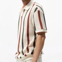 Suéter de punto de manga corta para hombre, camiseta de negocios ajustada con contraste de Color a rayas huecas - details 3