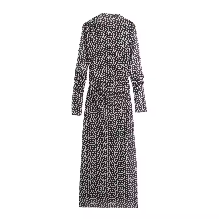 n Estampado de otoño de colores de tul plisado simple para mujer, vestido de malla informal de manga larga con - 1