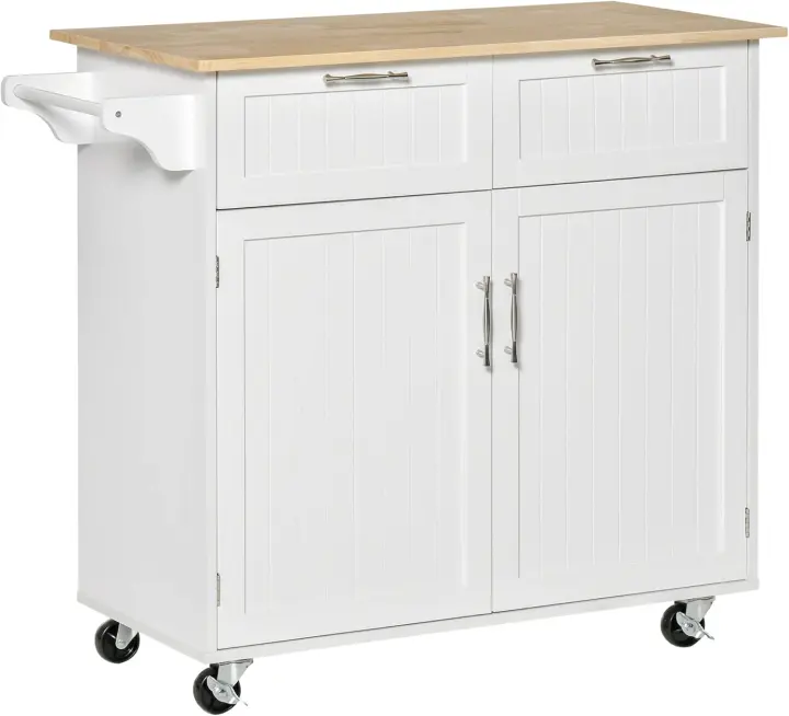 Isla de Cocina con Ruedas Carrito de Cocina Mueble Auxiliar de Cocina con 2 Puertas 2 Cajones Toallero y Estante Ajustable para Comedor Salón 104x46x91 cm Blanco - 1