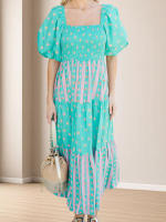 Vestido bohemio de mujer con manga abullonada, cuello cuadrado, estampado floral, vestido largo y fluido - details 1