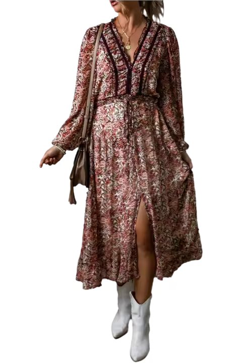 Elrachen Vestido midi con cuello en V y estampado floral para mujer, marrón, tallas S-XL - 1