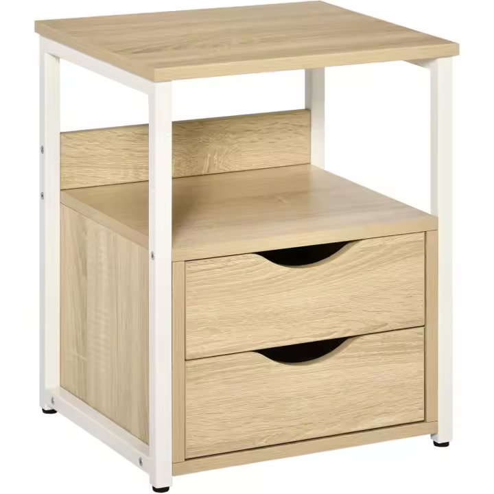 Mesa Auxiliar con 2 Cajones y Estantes de Almacenamiento Mesita de Noche con Marco de Metal para Salón Dormitorio 40x35x49 cm Natural - 1
