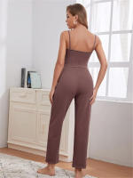 Conjunto de pijama de tres piezas para mujer, artículos para el hogar, top con tirantes de punto de oblea, pantalones largos, t, 2024 - details 15