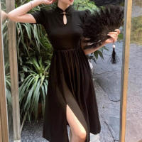 Cheongsam falda larga juvenil de temperamento de alta gama, vestido negro de estilo chino, novedad de verano, ropa de mujer - details 1