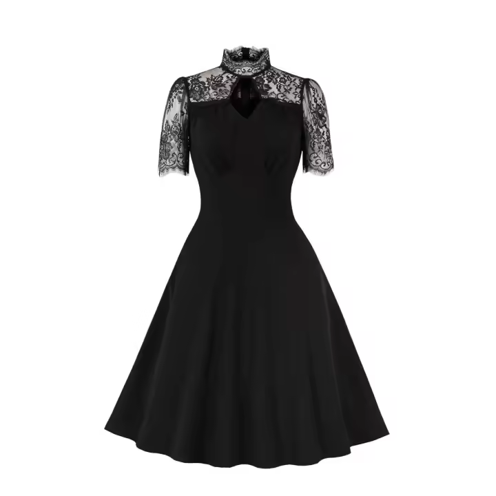 Elegante Vestido de Fiesta Nocturna Retro Encaje de Hombros Atravesado, Manga Corta, Vestido Negro con Bolsillos - 1
