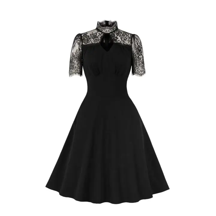 Elegante Vestido de Fiesta Nocturna Retro Encaje de Hombros Atravesado, Manga Corta, Vestido Negro con Bolsillos - 1