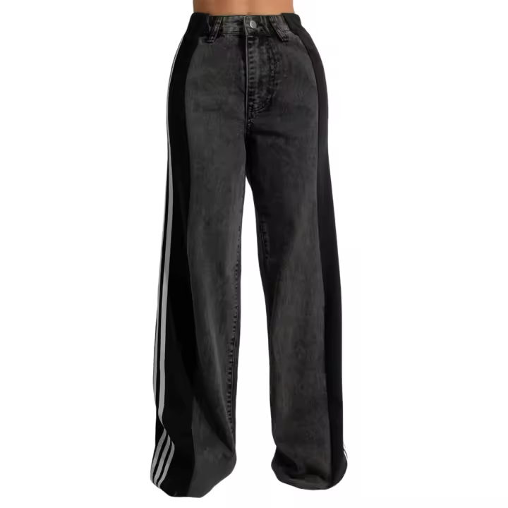 Pantalones vaqueros de pierna ancha para mujer, cintura alta, estilo novio, con estampado de rayas laterales, rectos, holgados, para mamá, Y2k, ropa de calle - 1