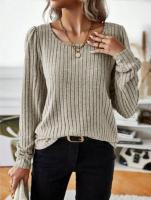 Suéter de Manga Larga para Mujer Jersey Informal a Rayas Verticales, Holgado, Color Sólido, Cuello Redondo, Moda de Otoño 2025 - details 0