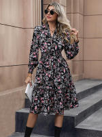 Vestido de manga larga de primavera para mujer, estampado elegante, cuello en V, informal, línea A, hasta la rodilla, cintura alta - details 1