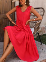 Vestido Boho sin Mangas de Verano 2024 Cuello en V, Color Sólido, Vestido de Flecos en Capas - details 4