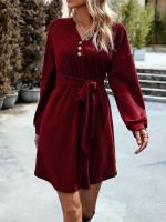 Vestido Corto de Crochet para Mujer Cuello en V, Color Sólido, Moda Casual, Prenda Única de Punto - details 8
