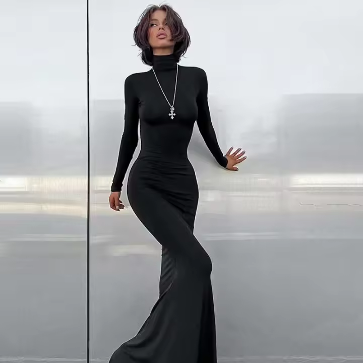 Elegante Vestido Largo con Cuello Alto Moda de Invierno Criptográfica para Mujeres - 1