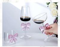 1 pieza de copa de vino roja transparente decorada con lazo rosa grande, copas de champán, copas de vino - details 4