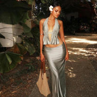 BUNO-Conjunto de faldas con espalda descubierta para Mujer, traje de playa elegante con cuello Halter y falda larga lisa, 2025 - details 5