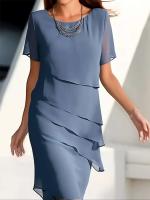 Vestido Chiffon Elegante y Casual para Mujer Cuello Redondo, Manga Corta Desigual, Moda de Verano, Midi Estilo - details 0