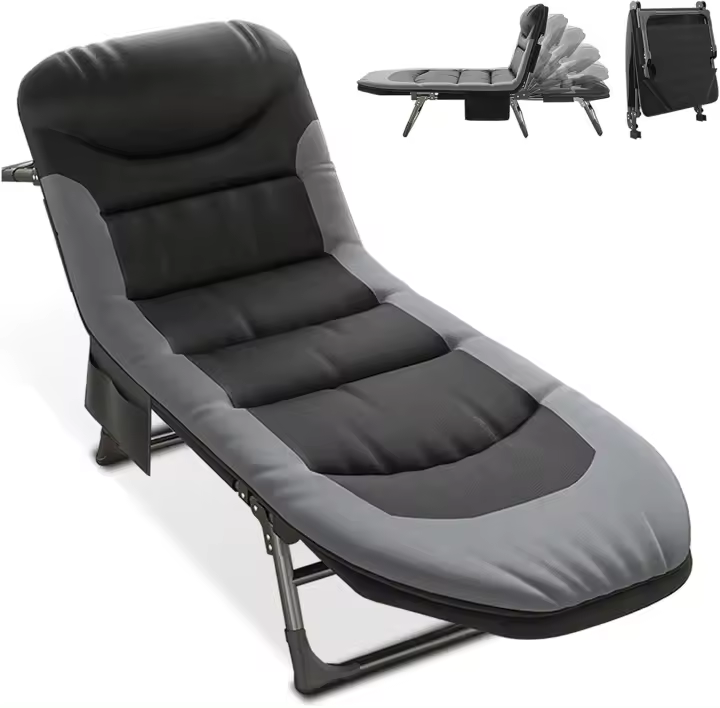 Camping Plegable con Colchón, Cama Plegable Portatil con Respaldo Regulables, Cama de Campamento, Tumbonas Jardin Exterior con Bolsa de Transporte para Playa, Cuna de Acampada para Adultos,Negro - 1