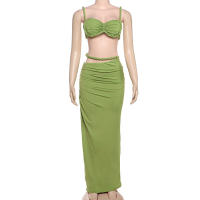 BUNO-Conjunto de 2 piezas de tejido para mujer, camisolas cortas plisadas lisas impresionantes + faldas largas de cintura alta, traje de vacaciones de tendencia femenina - details 81