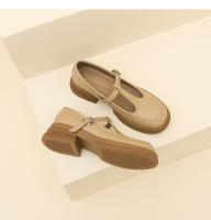 Nuevo Xiaoxiangfeng boca poco profunda T cinturón suela gruesa tacón medio zapatos pequeños de cuero casual zapatos de mujer - details 13