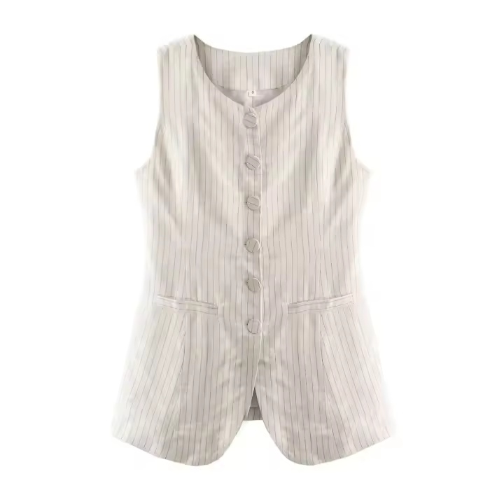 - Top sin mangas multifuncional Retro Strip para mujer, redondo N, un solo botón, informal, con bolsillo, primavera 2024 - 1