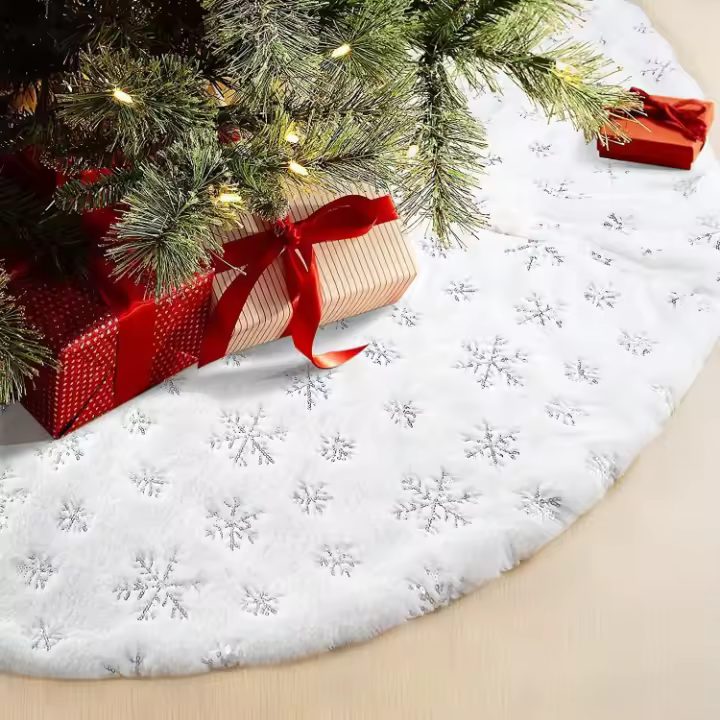 48 Inches/122CM Falda para Arbol de Navidad para Decoraciones de Fiesta de Navidad de Arbol de Navidad Copo de Nieve de Lentejuelas Plata de Felpa Blanca - 1