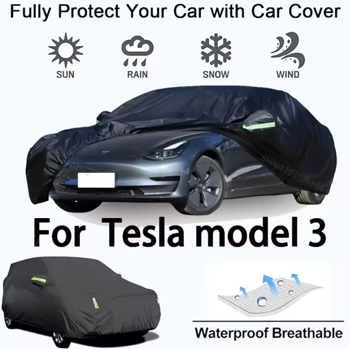 Funda completa para coche para Tesla Model 3, equipo protector para exteriores, resistente a la nieve, protector solar, accesorios para automóviles impermeables y a prueba de polvo, negro - 1