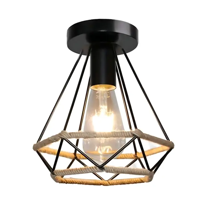 Lámpara de techo de diamante de boca grande con cuerda de cáñamo de un solo extremo, portalámparas E27 negro de 20,5x21,5 CM sin bombilla - 1