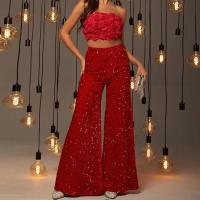 Pantalones de Cintura Alta para Mujer con Lentejuelas Pantalones de Pierna Ancha Rojos Cómodos de Otoño Talla Única - details 3