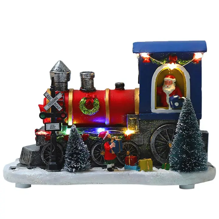 Decoración navideña de tren de Papá Noel, adorno de escena de nieve de resina LED, decoración navideña iluminada - 1
