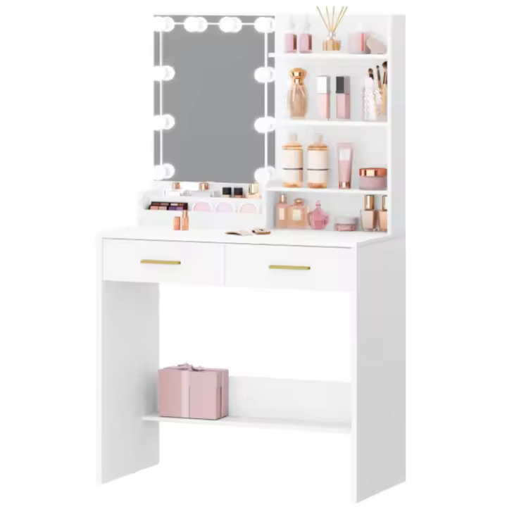 Tocador con espejo y luz, mesa de maquillaje con espejo grande, tocador de maquillaje con 4 estantes abiertos y 2 compartimentos, 2 cajones, para dormitorio, salón, blanco - 1