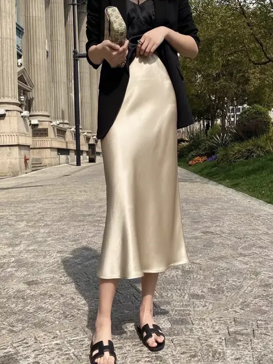 Falda de seda satinada para mujer, estilo coreano champán, oficina, cintura alta, línea A, elegante, sólida, larga, bajo escritorio 2024 - 1