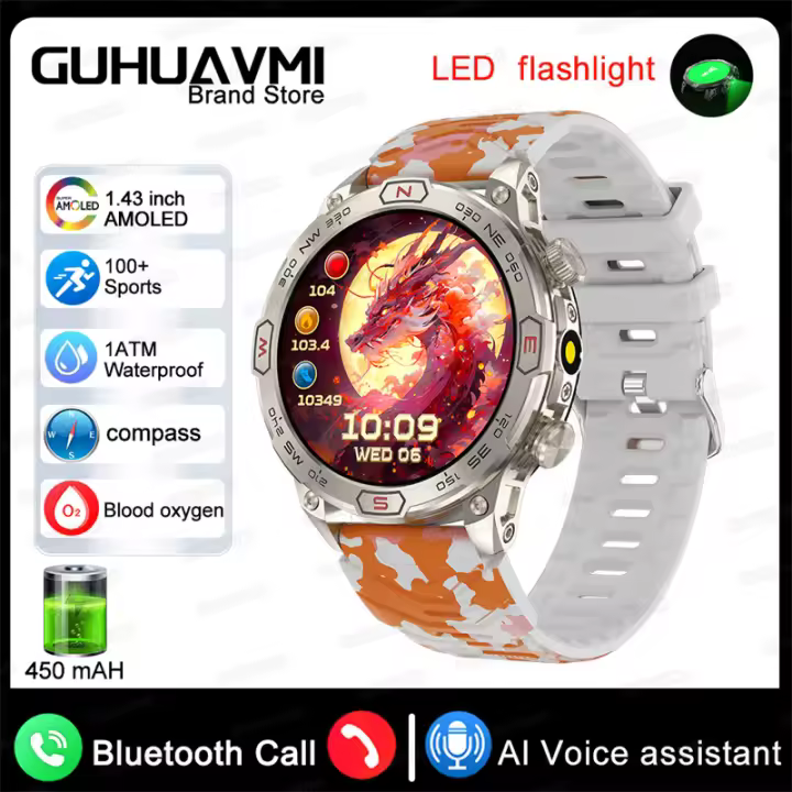 2025 nuevo Reloj inteligente GPS militar al aire libre pantalla de alta definición amoled de 1,43 pulgadas, linterna LED potente, llamada bluetooth, monitoreo de frecuencia cardíaca y presión arterial 100 + Reloj inteligente impermeable en modo deportivo - 1