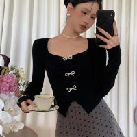Suéter de punto con lazo de estilo francés para mujer, jersey de manga larga con pliegues, ajustado, dividido, Tops de moda - details 3