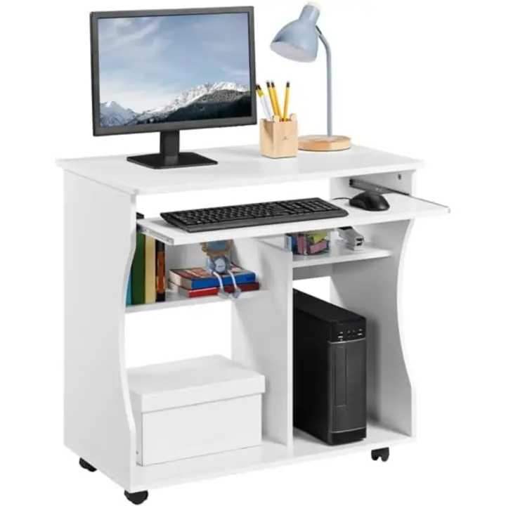 Mesa de Escritorio con Ruedas Escritorio de Oficina Extraíble con Estantería para PC Impresora - 1