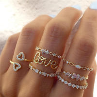 Juego de Anillos de Zirconia Boho Color Oro Letra de Cristal Amor Luna Arco Flor - details 0