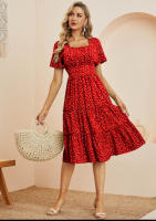 Vestido de verano de manga corta con estampado floral, elegante, informal, con cuello cuadrado, para playa - details 1