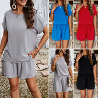 Conjuntos de verano de 2 piezas para mujer, Tops de manga corta y pantalones cortos con bolsillos, Negro S - details 0