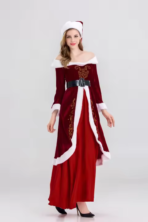 Traje de Santa Claus de Lujo Conjunto Casual para Hombres con Cinturón, Sombrero, Top, Mantel, Zapatos, Guantes y Barba - 1