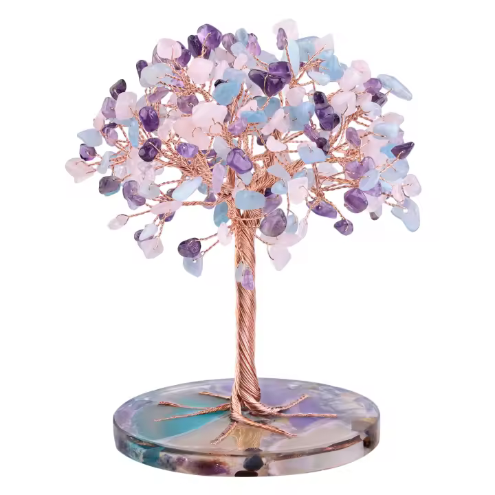 Árbol de Piedras Curativas de 7 Chakras Hoja de Ámetista Envoltura en Hilo de Ágata Natural - 1