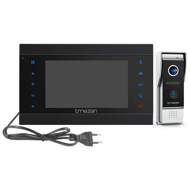 &lt; Fuente de alimentación incorporada &gt;TMEZON Videoportero Wifi Sistema de intercomunicación,Monitor 1080P 7 zoll y timbre con cable para 1 familia, tecnología de 4 cables,Desbloqueo Remoto,visión Nocturna, instantánea/grabación,Tuya Smart - 1